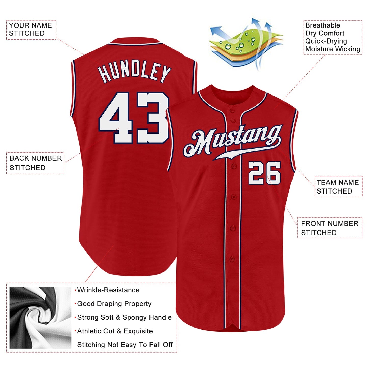 Custom Red White-Navy Authentic Sleeveless Baseball Jersey view 2