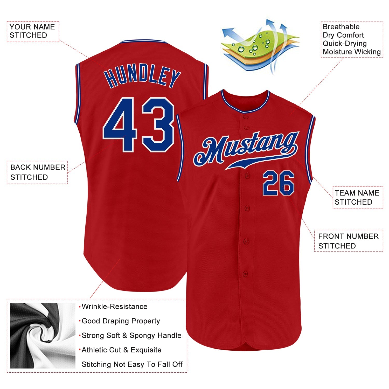 Custom Red Royal-White Authentic Sleeveless Baseball Jersey view 2