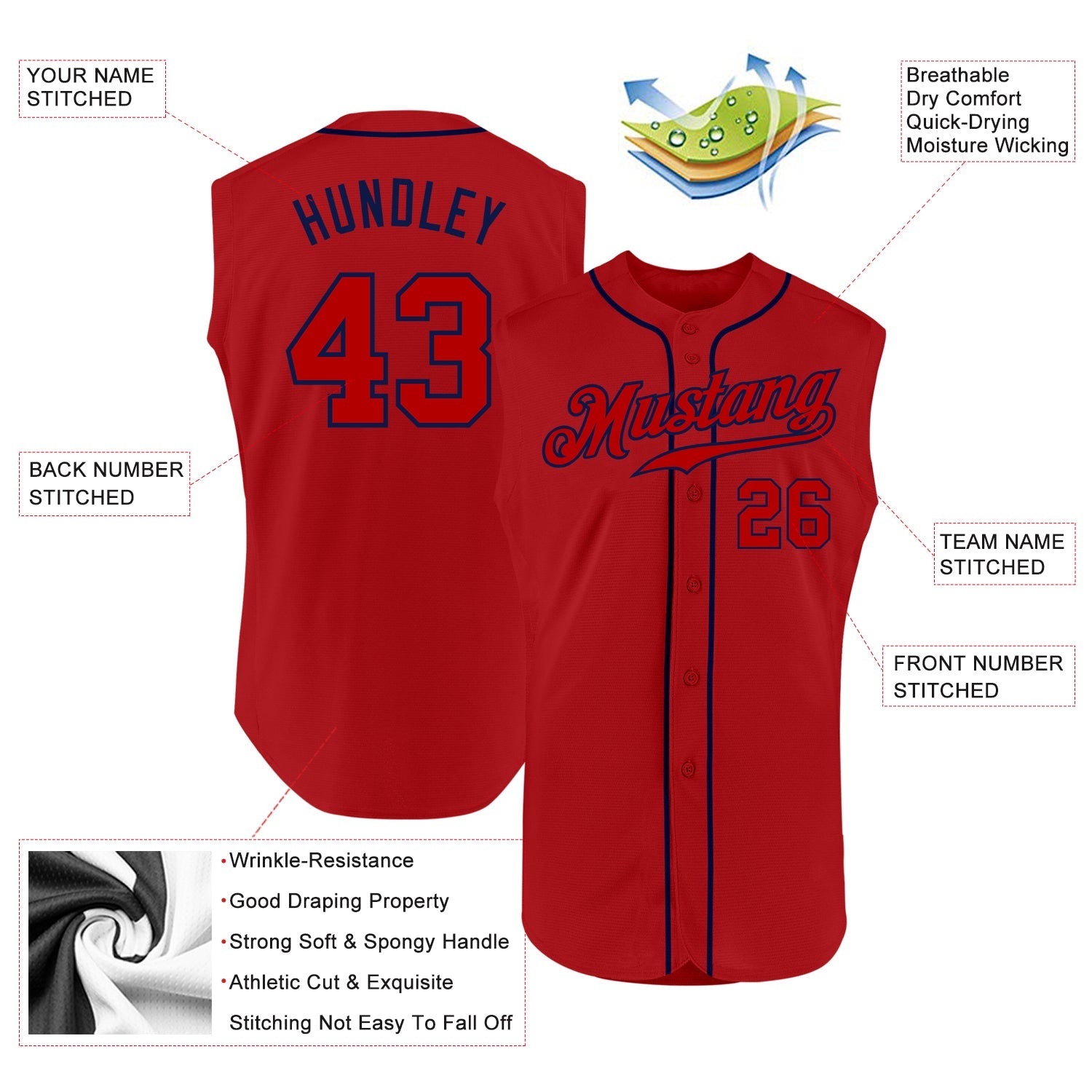 Custom Red Red-Navy Authentic Sleeveless Baseball Jersey view 2