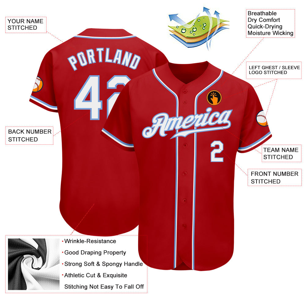 Custom Red White-Light Blue Authentic Baseball Jersey view 3