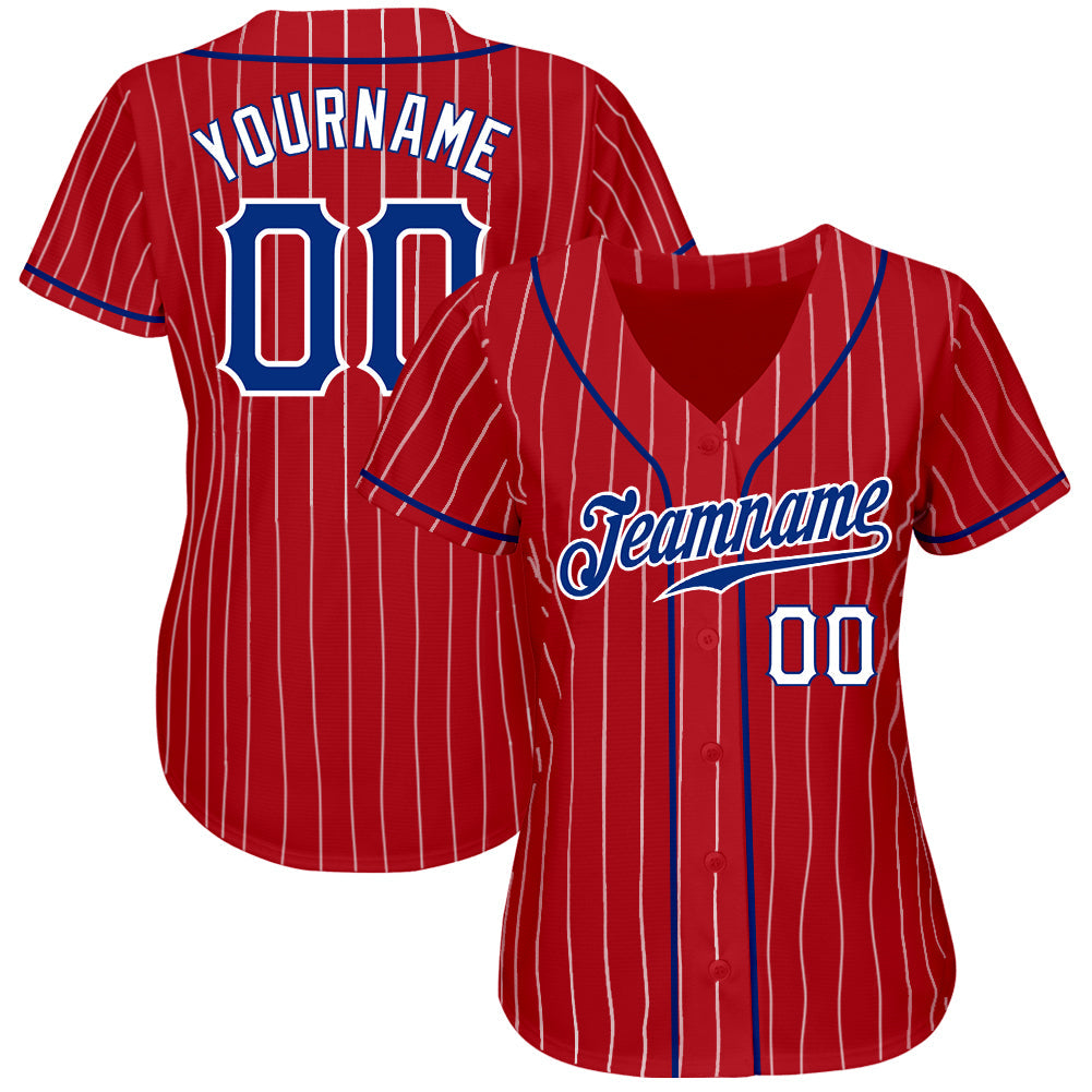 Custom Red White Pinstripe Royal-White Authentic Baseball Jersey view 2