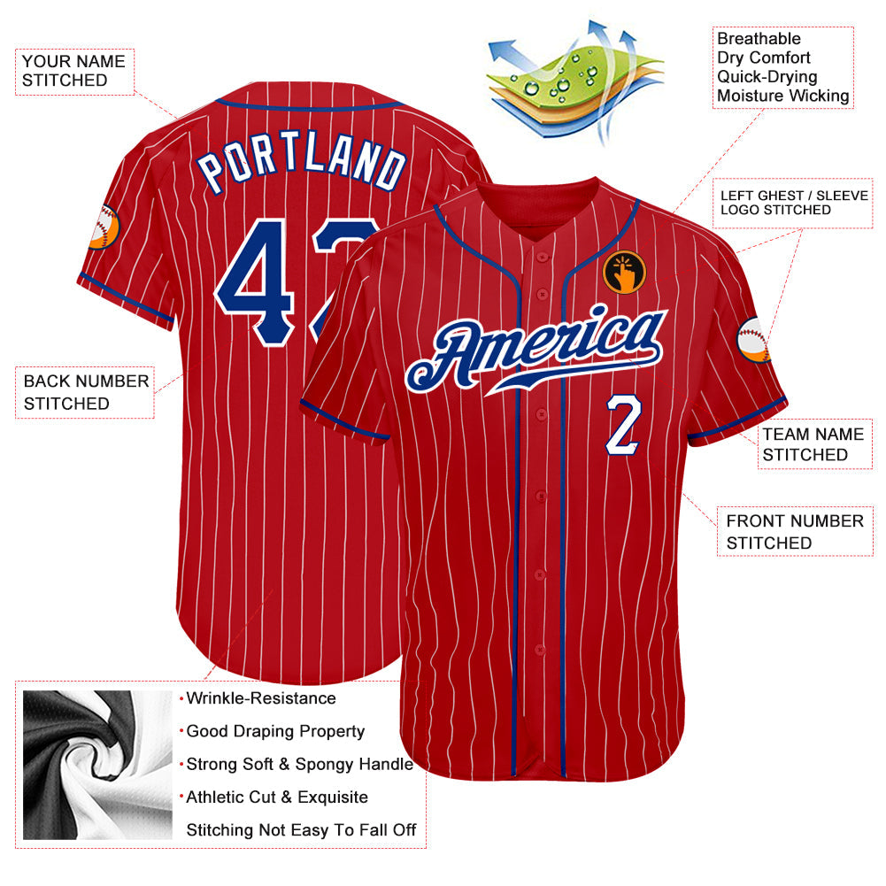 Custom Red White Pinstripe Royal-White Authentic Baseball Jersey view 3