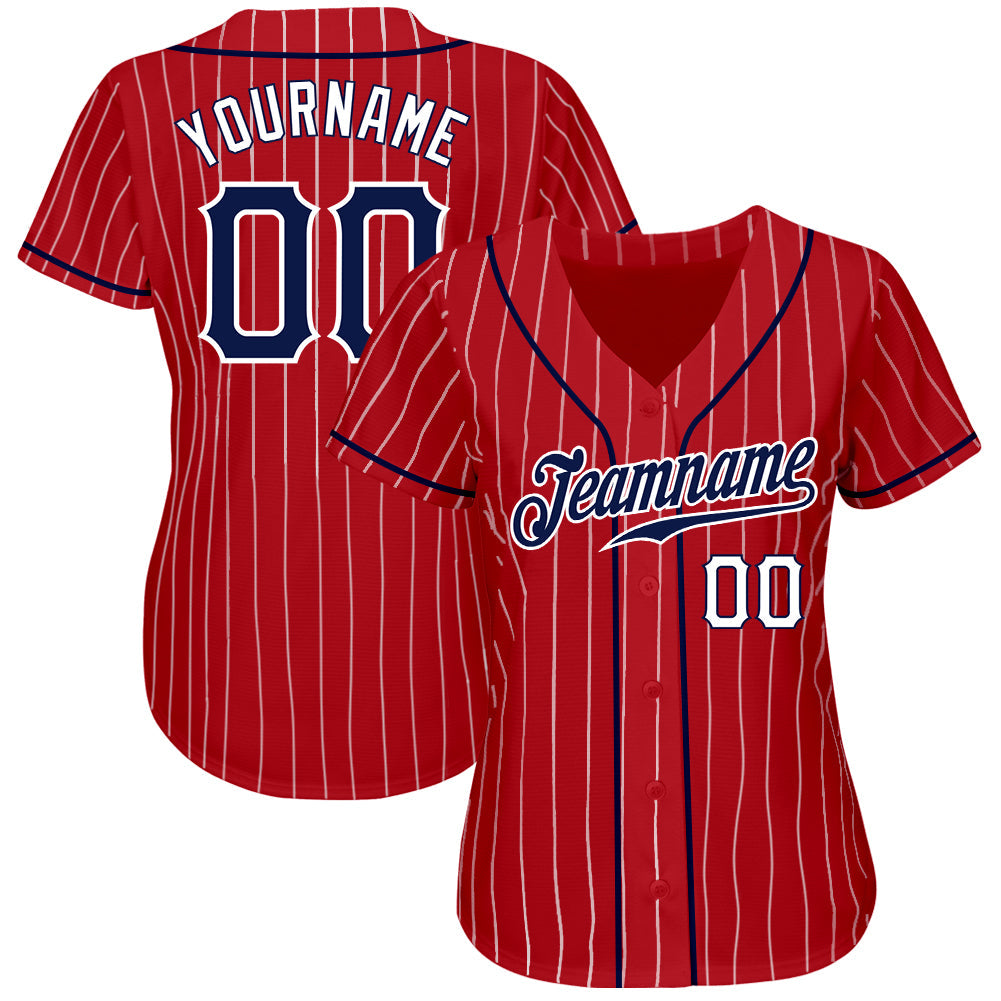 Custom Red White Pinstripe Navy-White Authentic Baseball Jersey view 2
