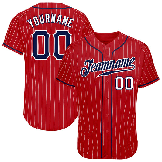 Custom Red White Pinstripe Navy-White Authentic Baseball Jersey - Main View