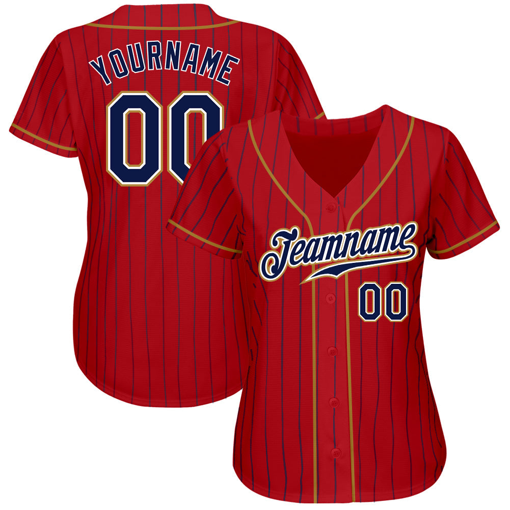 Custom Red Navy Pinstripe Navy-Old Gold Authentic Baseball Jersey view 2
