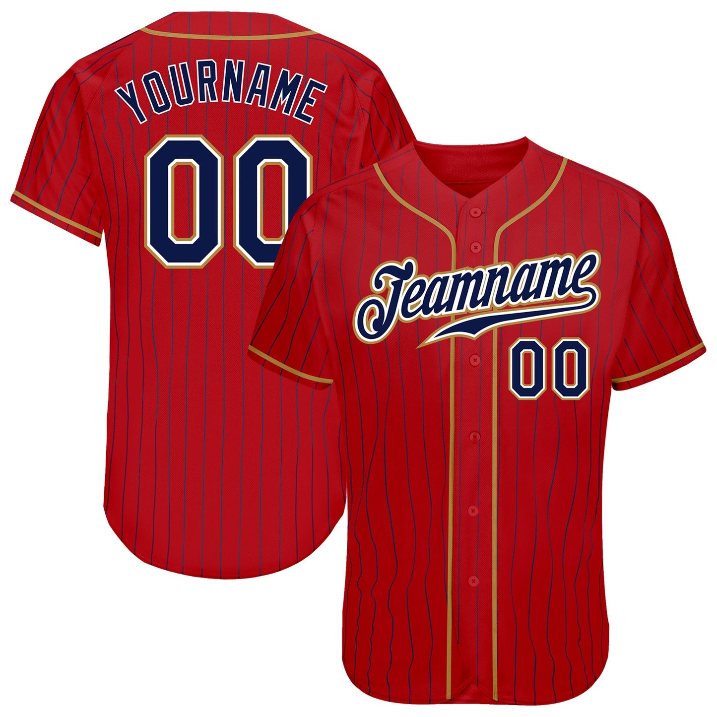 Custom Red Navy Pinstripe Navy-Old Gold Authentic Baseball Jersey - Main View