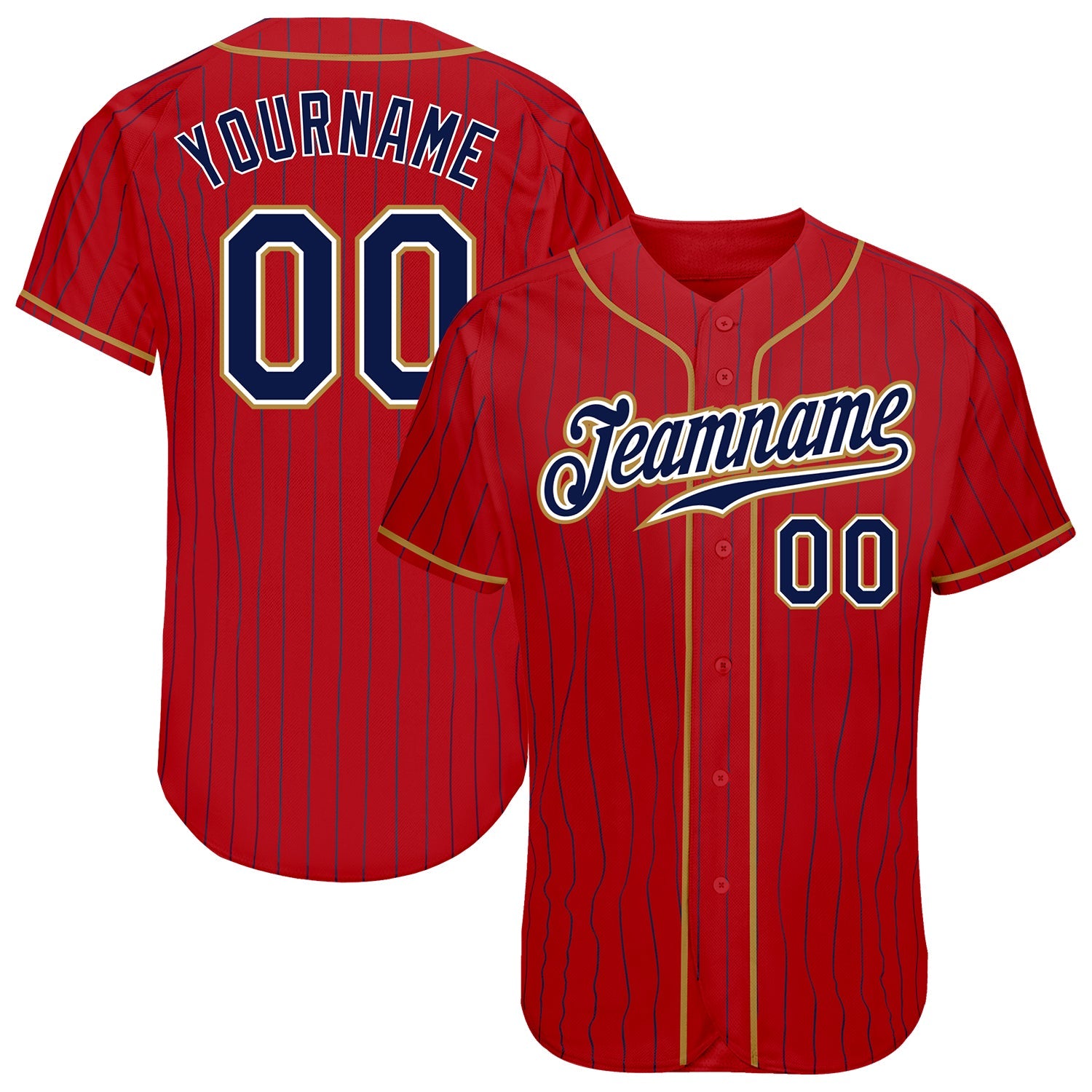 Custom Red Navy Pinstripe Navy-Old Gold Authentic Baseball Jersey - Main View