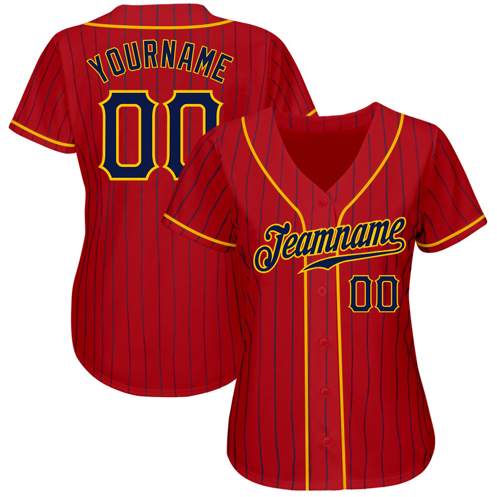 Custom Red Navy Pinstripe Navy-Gold Authentic Baseball Jersey view 2