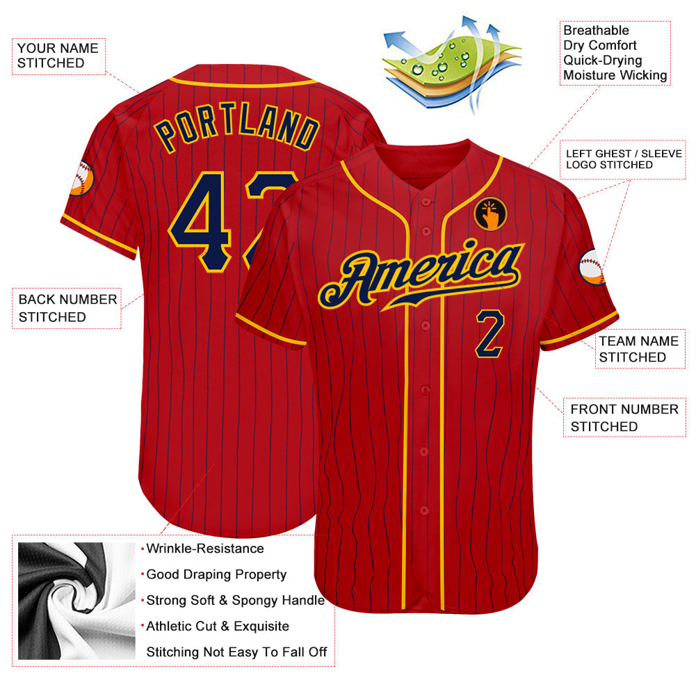 Custom Red Navy Pinstripe Navy-Gold Authentic Baseball Jersey view 3