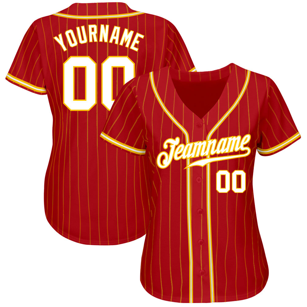 Custom Red Gold Pinstripe White-Gold Authentic Baseball Jersey view 2