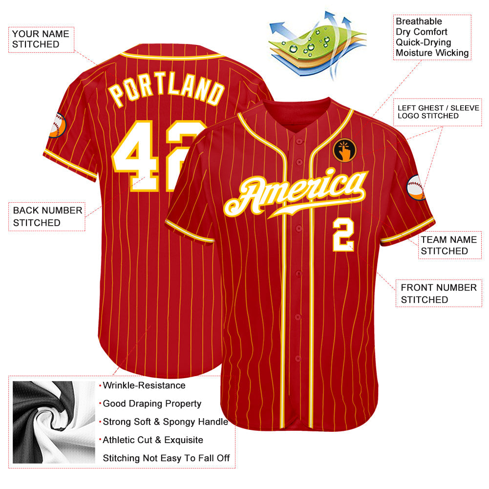 Custom Red Gold Pinstripe White-Gold Authentic Baseball Jersey view 3