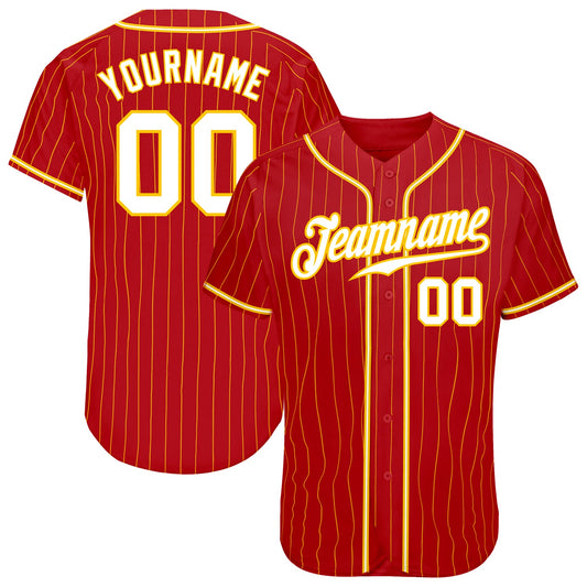 Custom Red Gold Pinstripe White-Gold Authentic Baseball Jersey - Main View