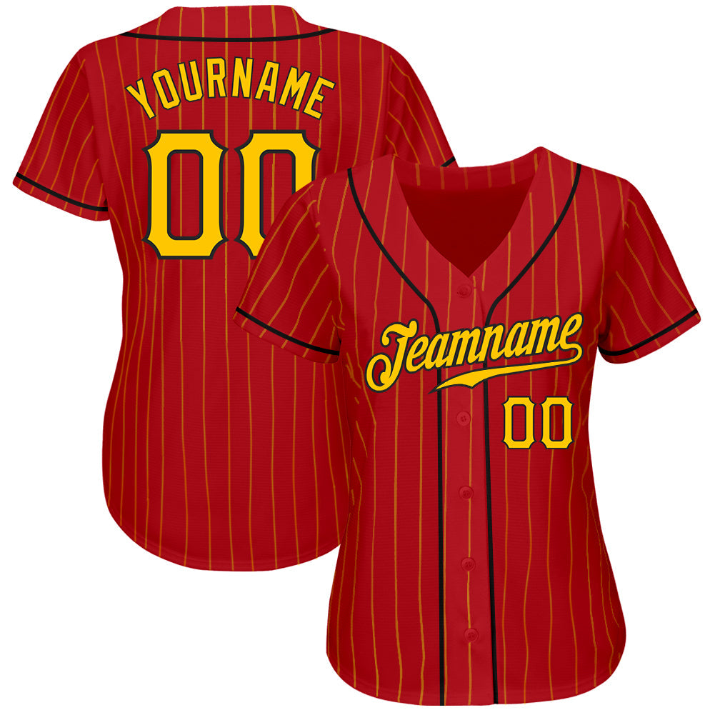 Custom Red Gold Pinstripe Gold-Black Authentic Baseball Jersey view 2
