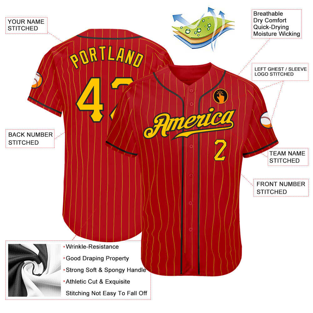 Custom Red Gold Pinstripe Gold-Black Authentic Baseball Jersey view 3