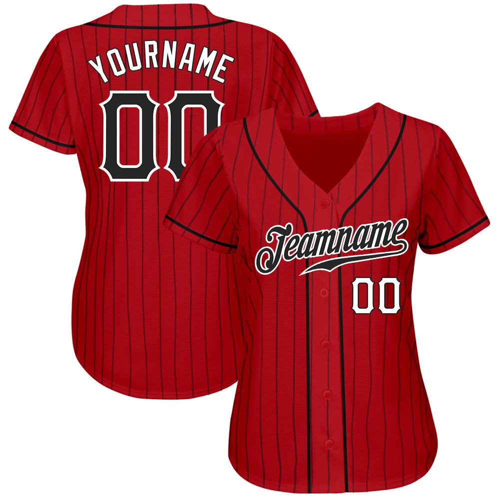 Custom Red Black Pinstripe Black-White Authentic Baseball Jersey view 2