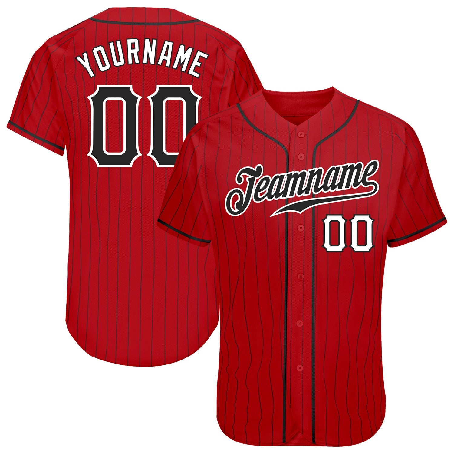 Custom Red Black Pinstripe Black-White Authentic Baseball Jersey - Main View