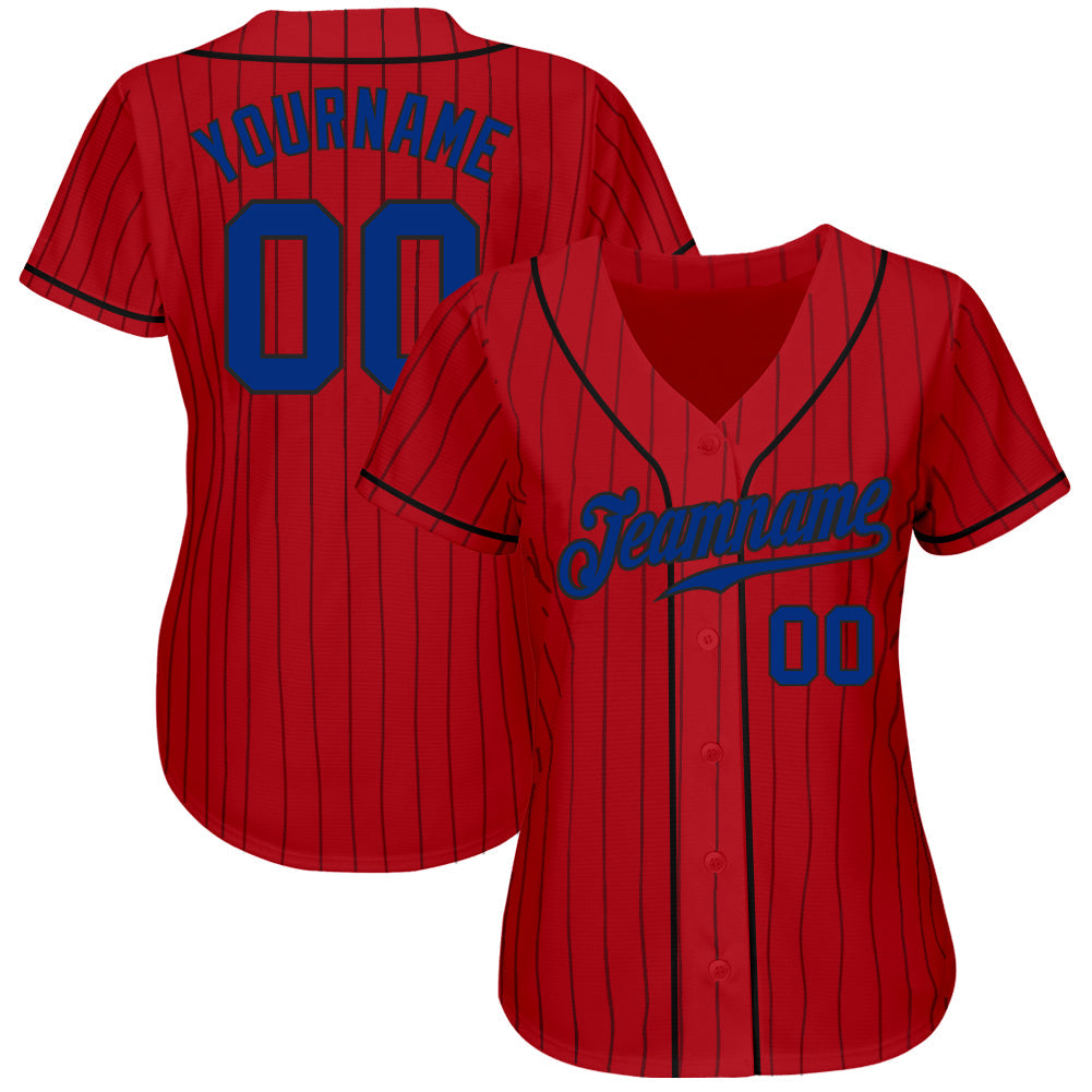 Custom Red Black Pinstripe Royal-Black Authentic Baseball Jersey view 2