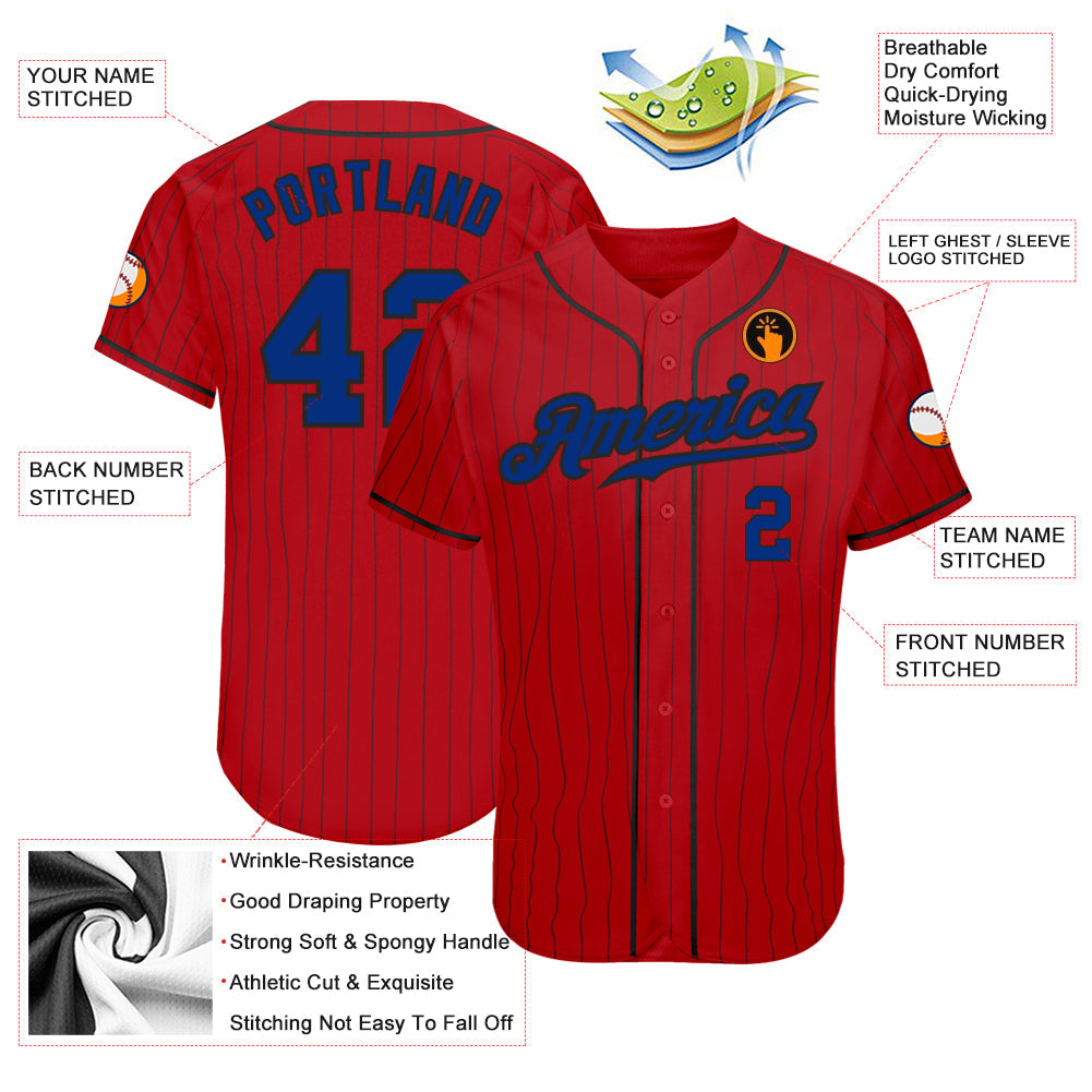 Custom Red Black Pinstripe Royal-Black Authentic Baseball Jersey view 3