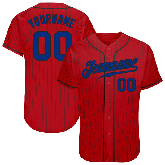 Custom Red Black Pinstripe Royal-Black Authentic Baseball Jersey - Main View