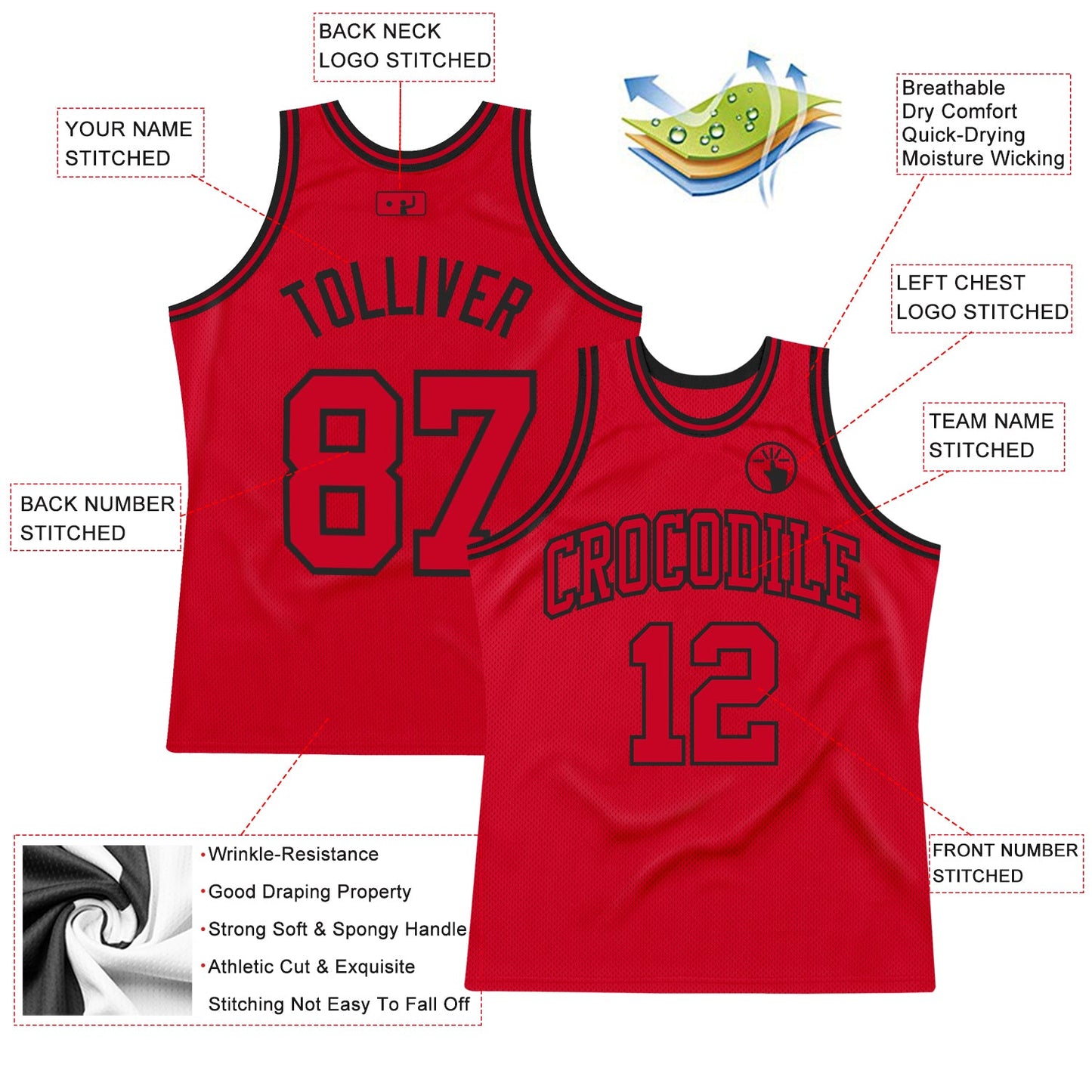 Custom Red Red-Black Authentic Throwback Basketball Jersey view 2
