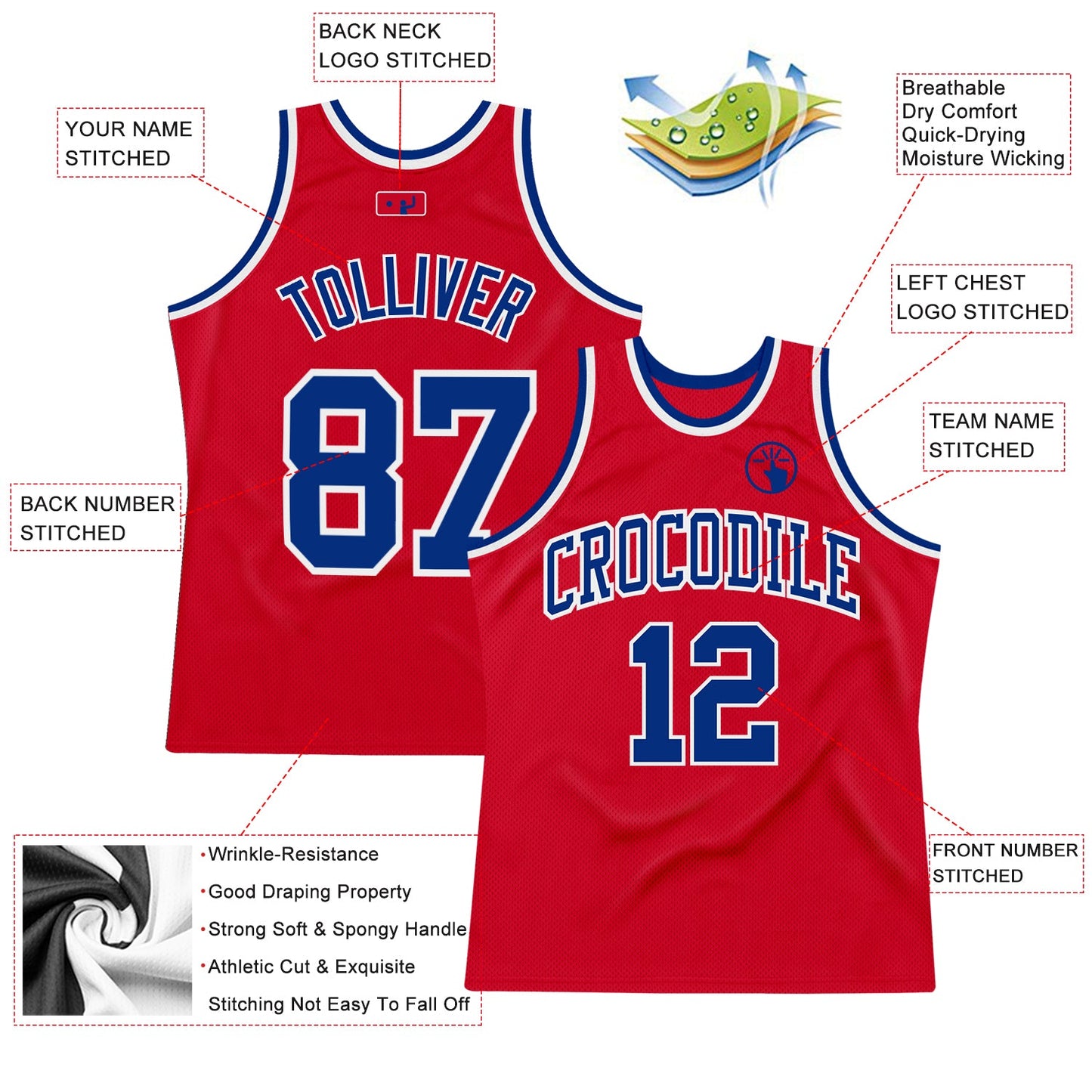Custom Red Royal-White Authentic Throwback Basketball Jersey view 2