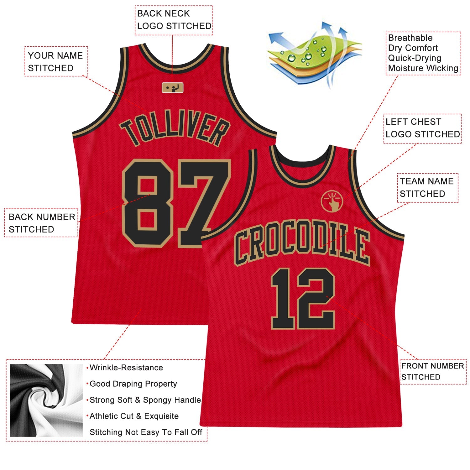 Custom Red Black-Old Gold Authentic Throwback Basketball Jersey view 2