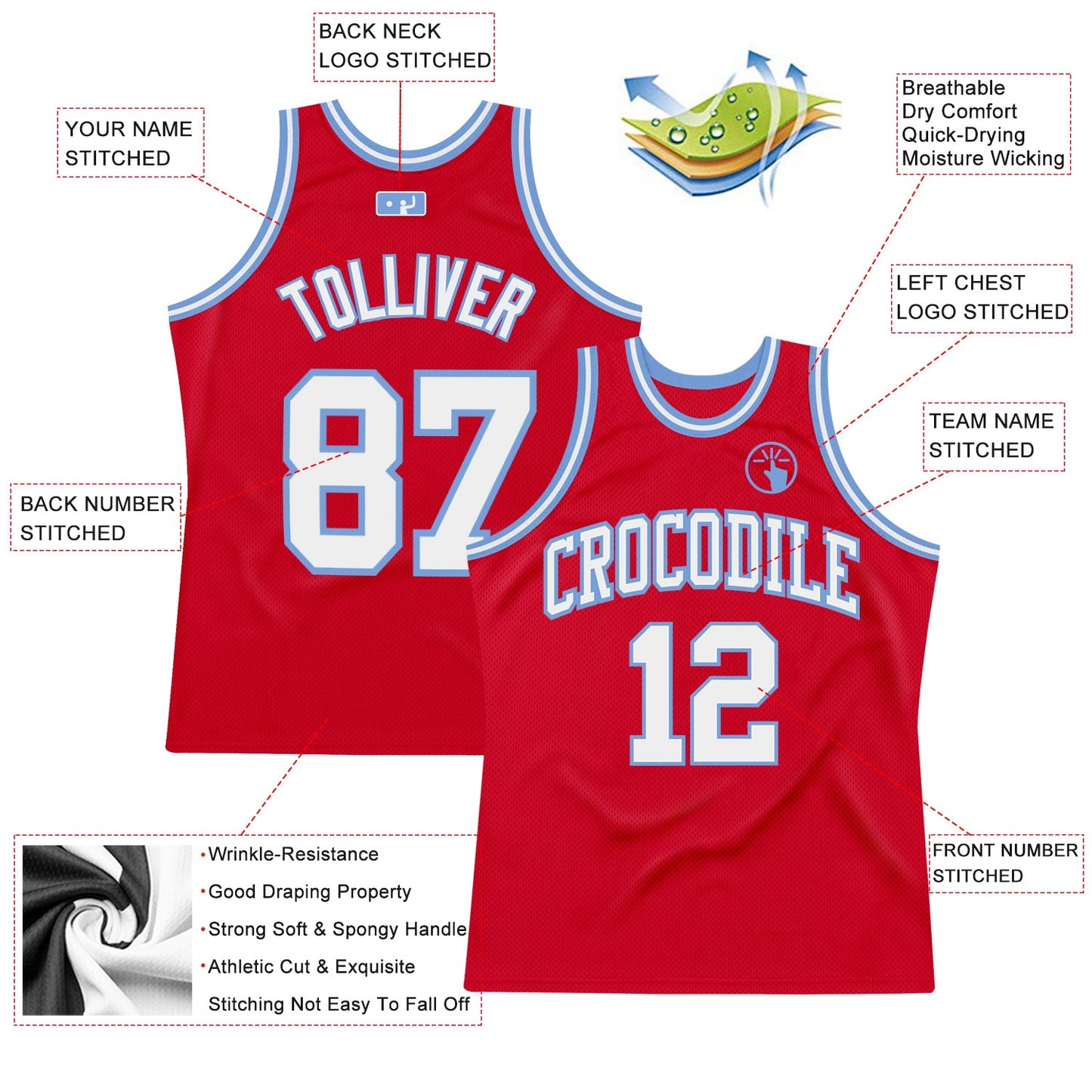 Custom Red White-Light Blue Authentic Throwback Basketball Jersey view 2