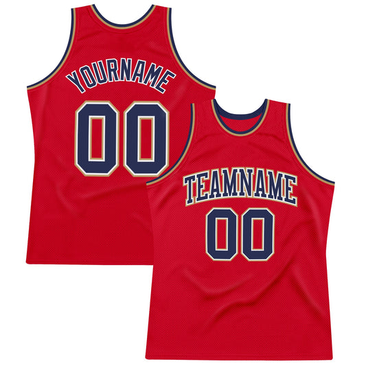 Custom Red Navy-Old Gold Authentic Throwback Basketball Jersey - Main View