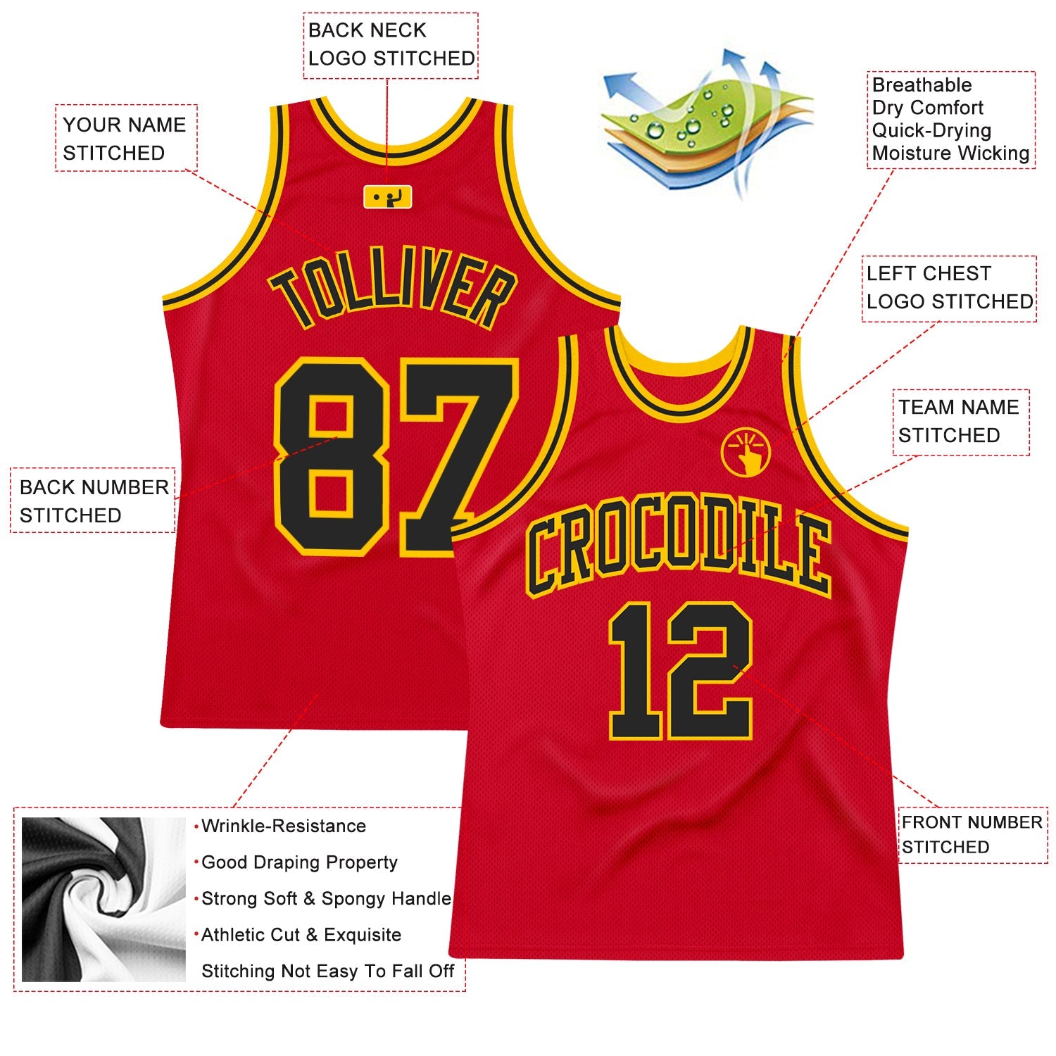 Custom Red Black-Gold Authentic Throwback Basketball Jersey view 2