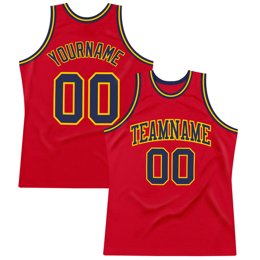 Custom Red Navy-Gold Authentic Throwback Basketball Jersey - Main View