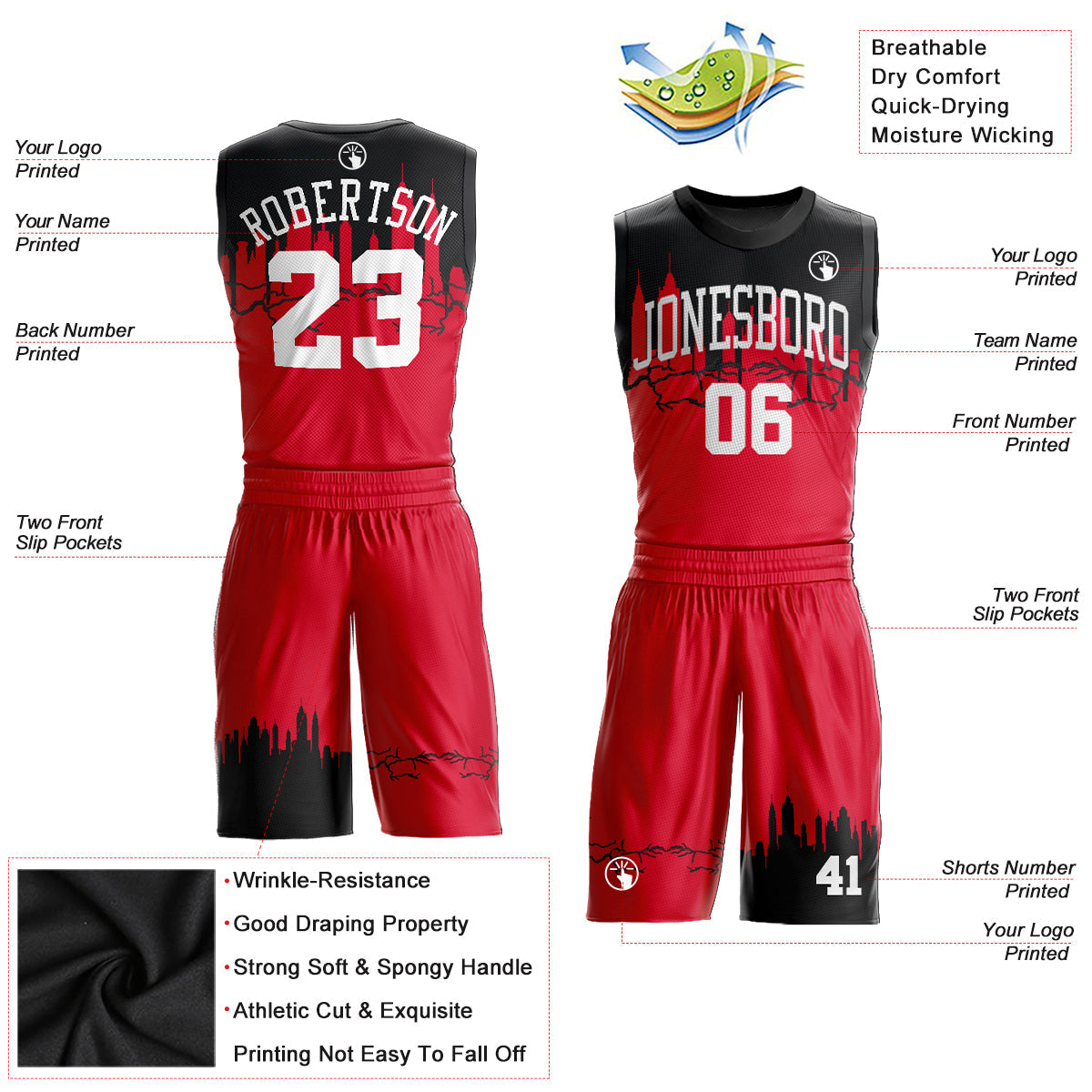 Custom Red White-Black Round Neck Sublimation Basketball Uniform Jersey view 2