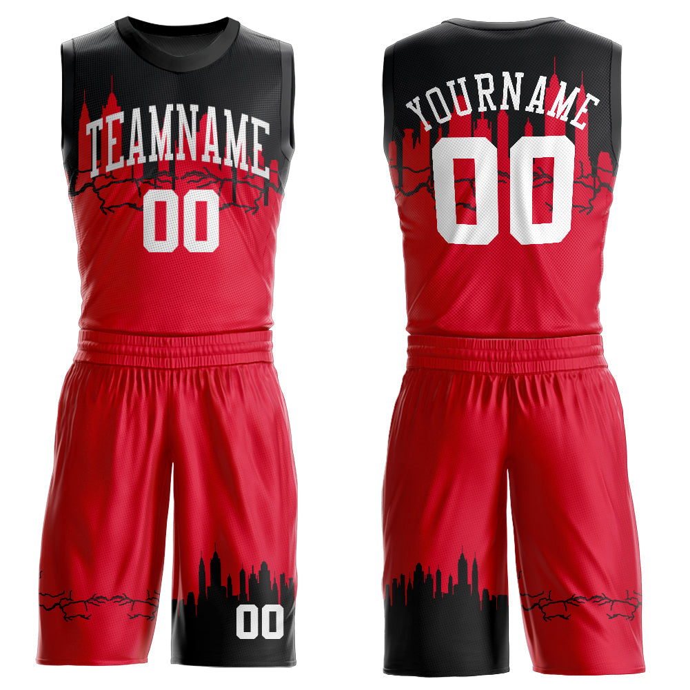 Custom Red White-Black Round Neck Sublimation Basketball Uniform Jersey - Main View
