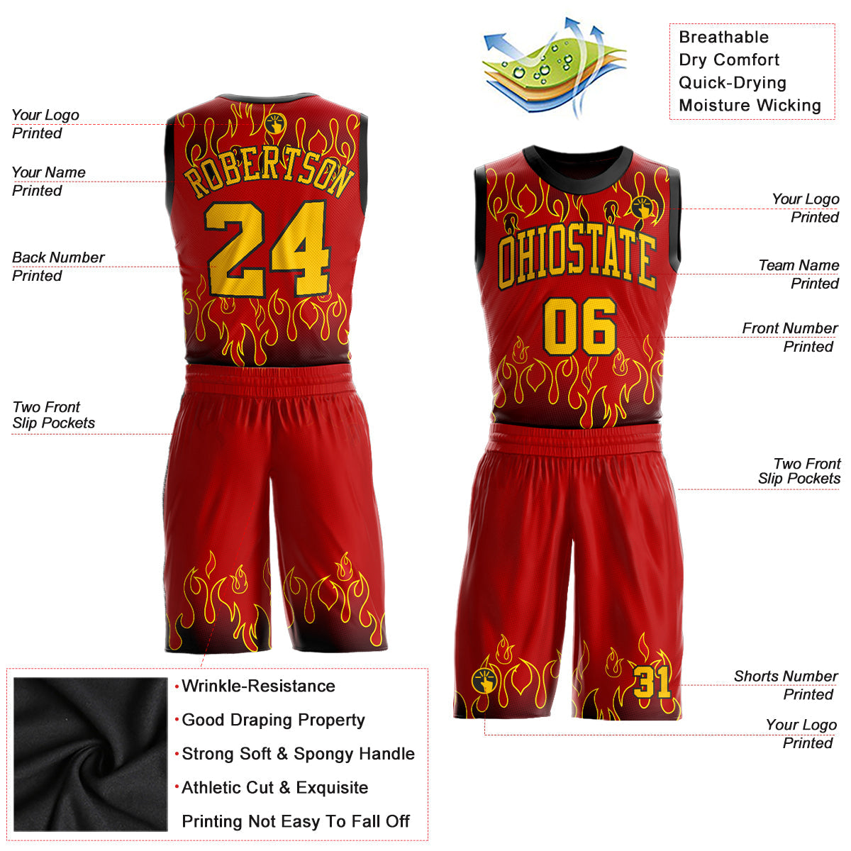 Custom Red Gold-Black Flame Round Neck Sublimation Basketball Uniform Jersey view 2