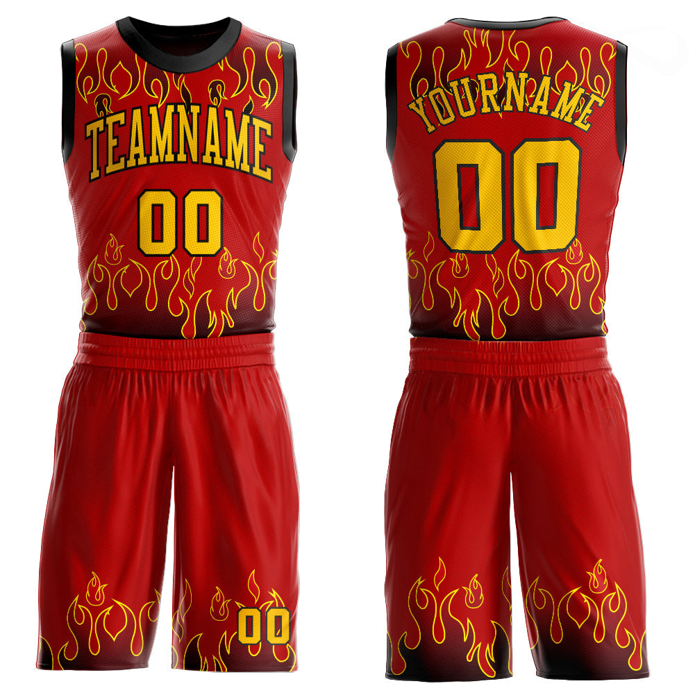 Custom Red Gold-Black Flame Round Neck Sublimation Basketball Uniform Jersey - Main View