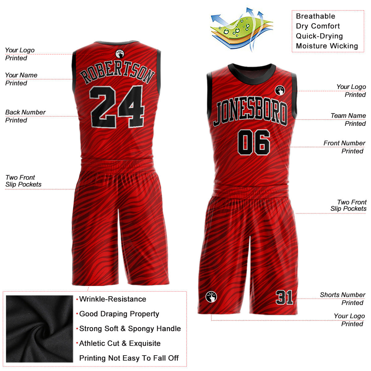 Custom Red Black-White Round Neck Sublimation Basketball Uniform Jersey view 2