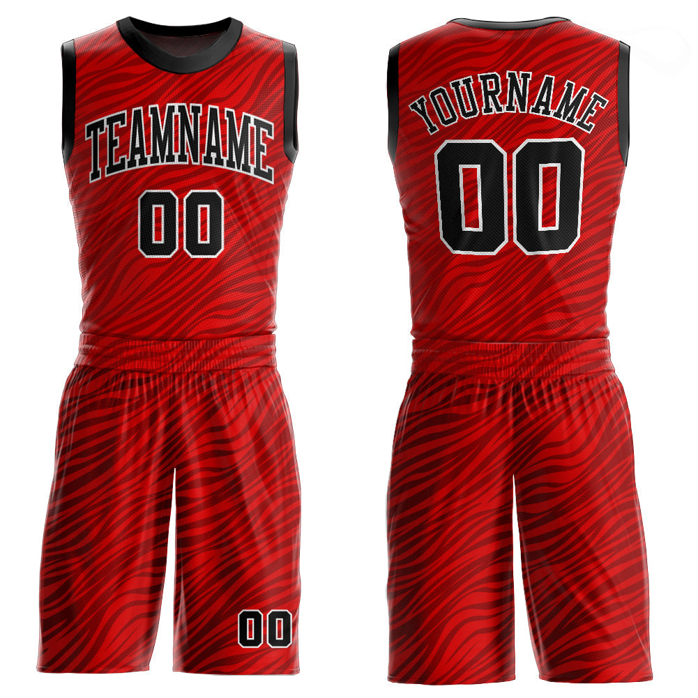 Custom Red Black-White Round Neck Sublimation Basketball Uniform Jersey - Main View