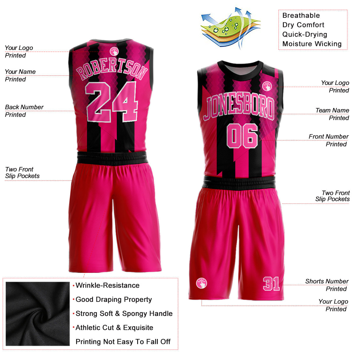Custom Red Pink-Black Round Neck Sublimation Basketball Uniform Jersey view 2