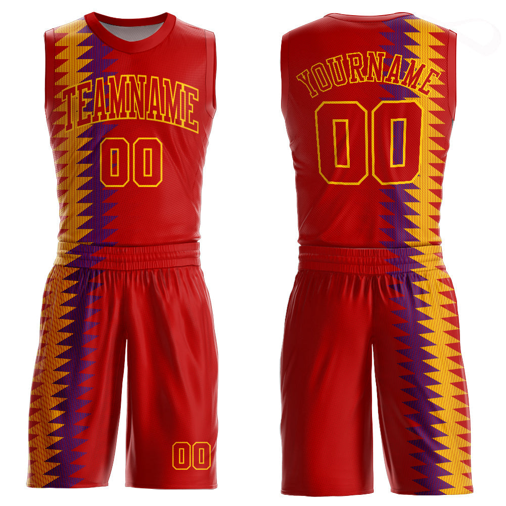 Custom Red Red-Gold Round Neck Sublimation Basketball Uniform Jersey - Main View