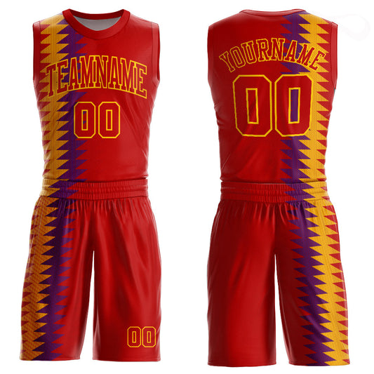 Custom Red Red-Gold Round Neck Sublimation Basketball Uniform Jersey - Main View