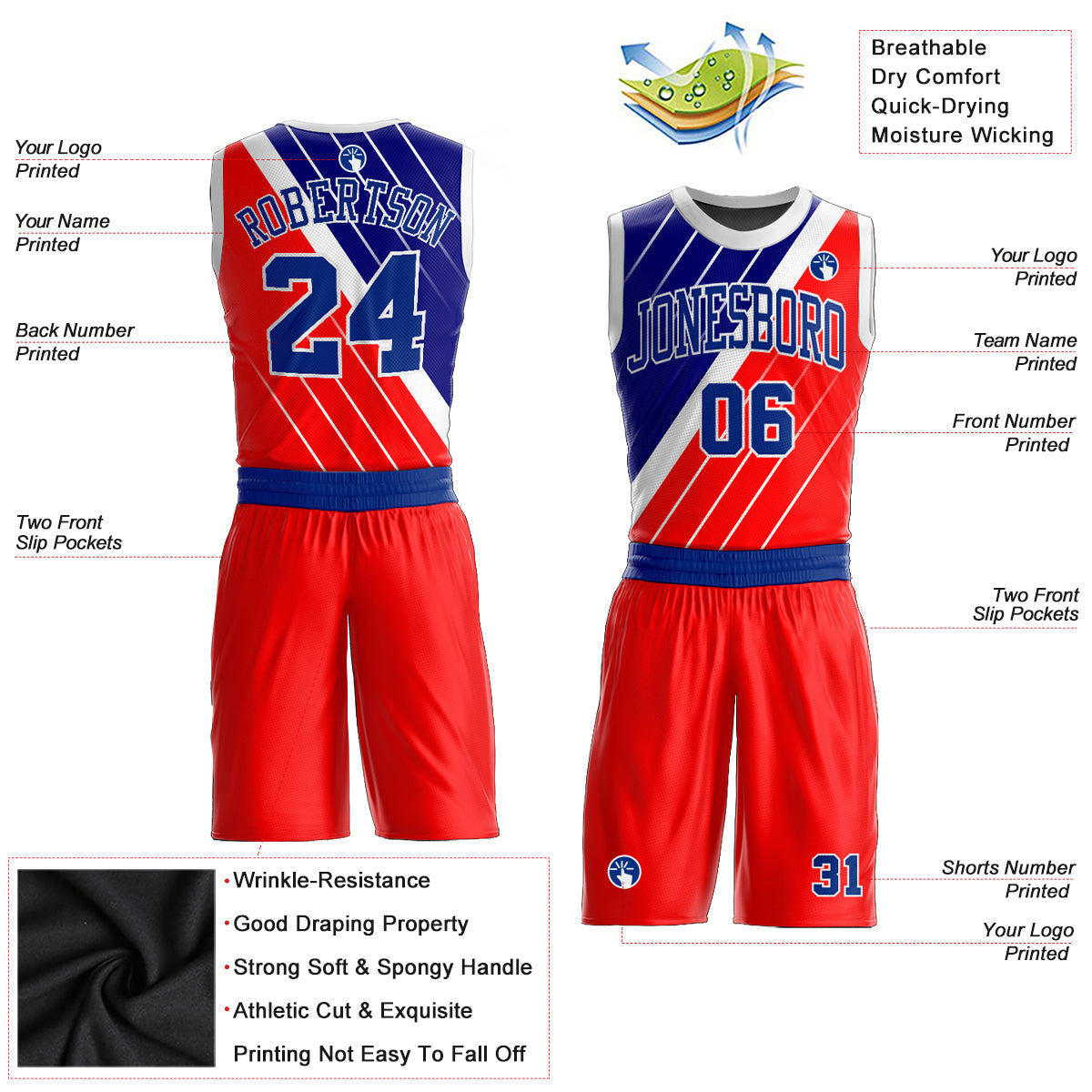 Custom Red Royal-White Round Neck Sublimation Basketball Uniform Jersey view 2