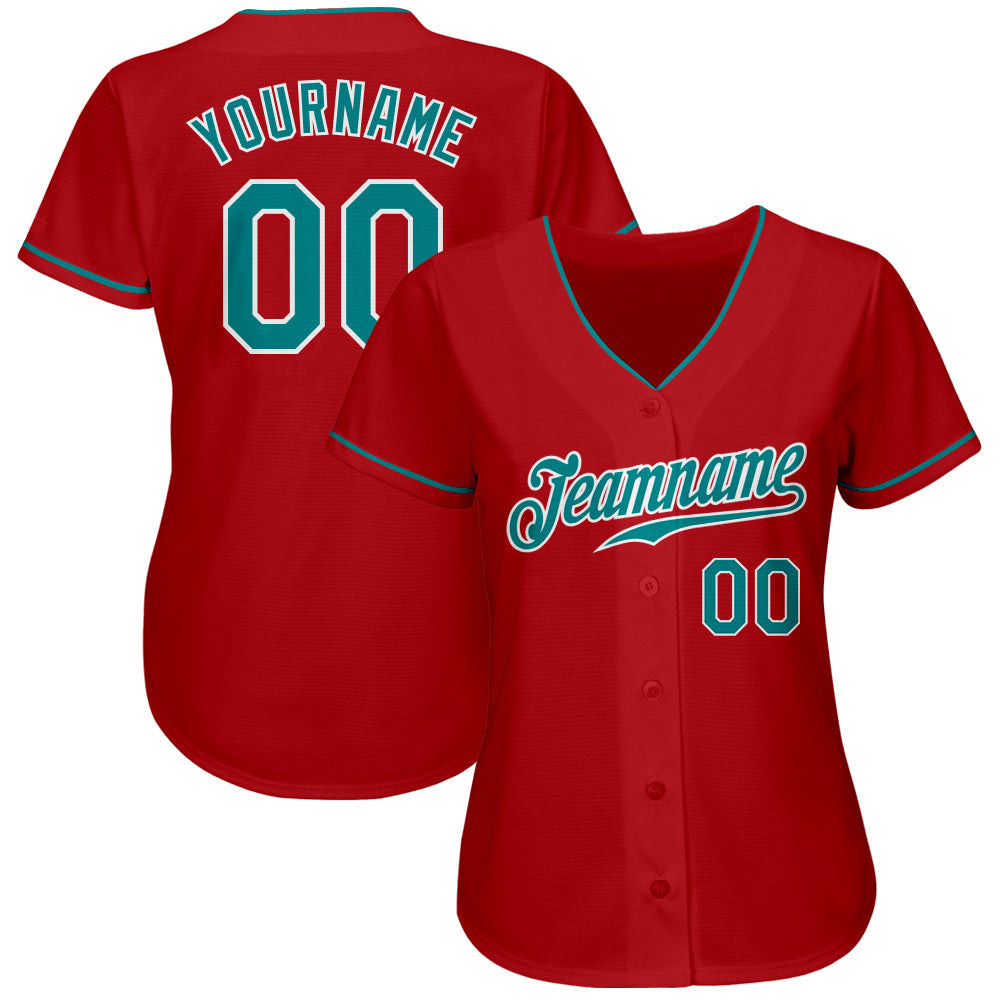 Custom Red Teal-White Authentic Baseball Jersey view 2