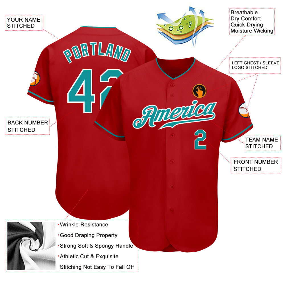 Custom Red Teal-White Authentic Baseball Jersey view 3