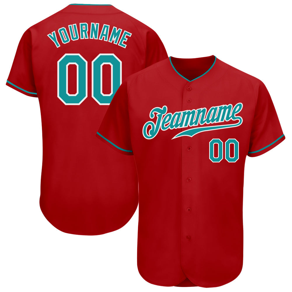 Custom Red Teal-White Authentic Baseball Jersey - Main View
