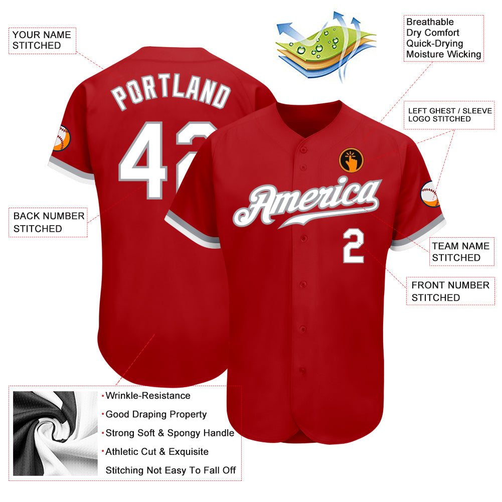 Custom Red White-Gray Authentic Baseball Jersey view 3