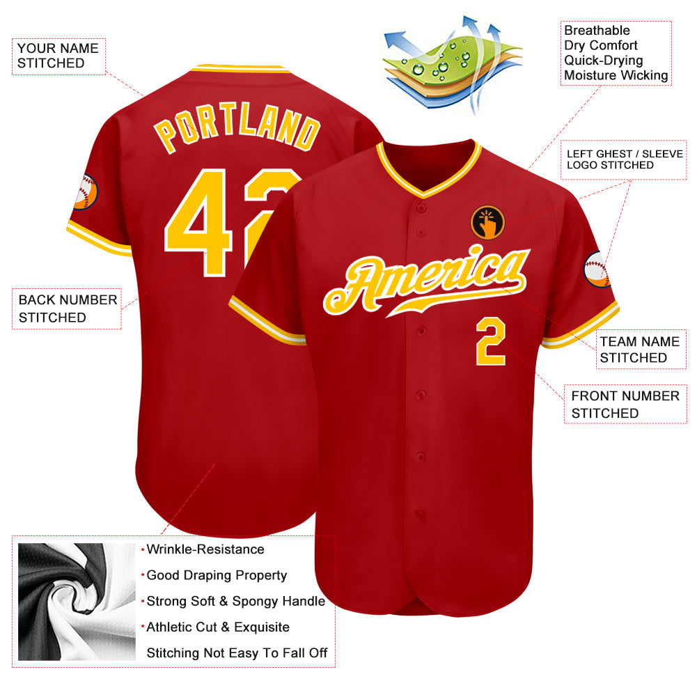 Custom Red Gold-White Authentic Baseball Jersey view 3