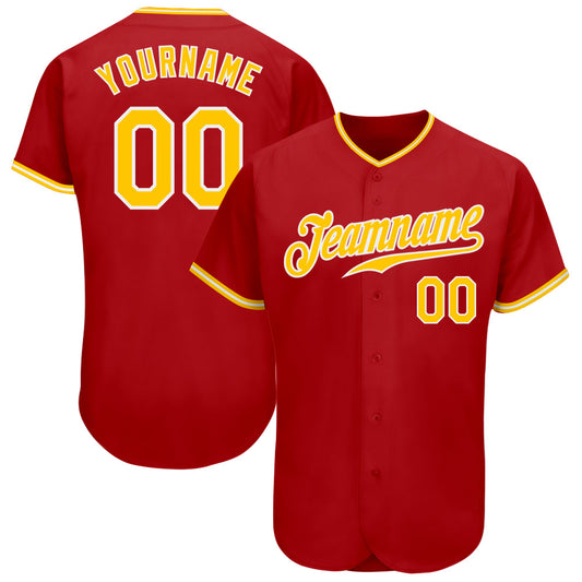 Custom Red Gold-White Authentic Baseball Jersey - Main View
