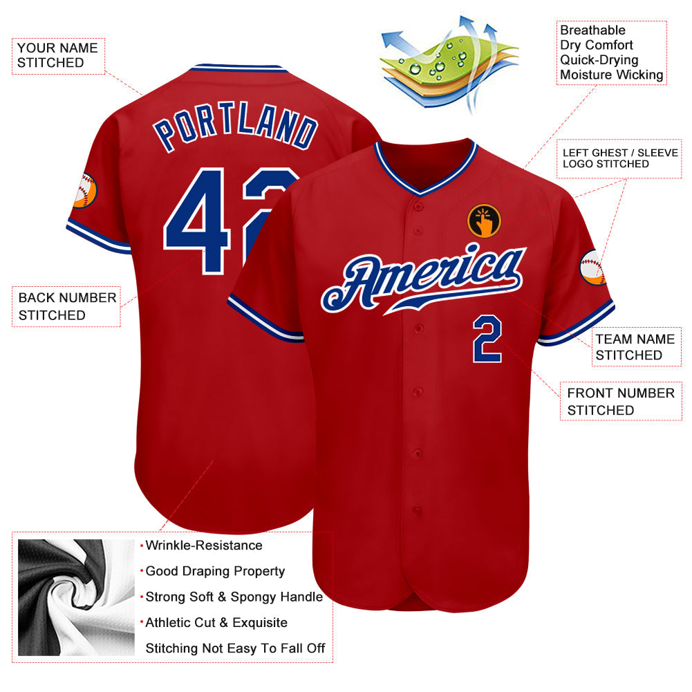 Custom Red Royal-White Authentic Baseball Jersey view 3