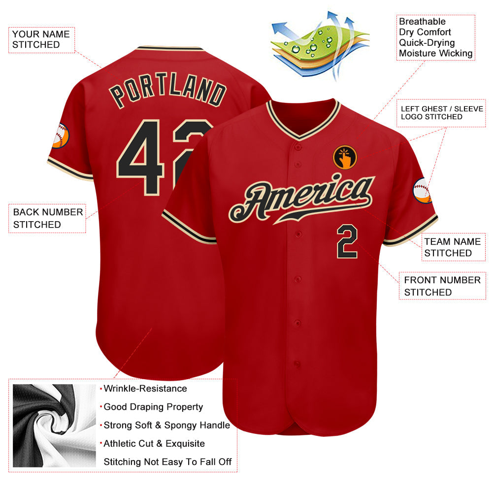 Custom Red Black-City Cream Authentic Baseball Jersey view 3