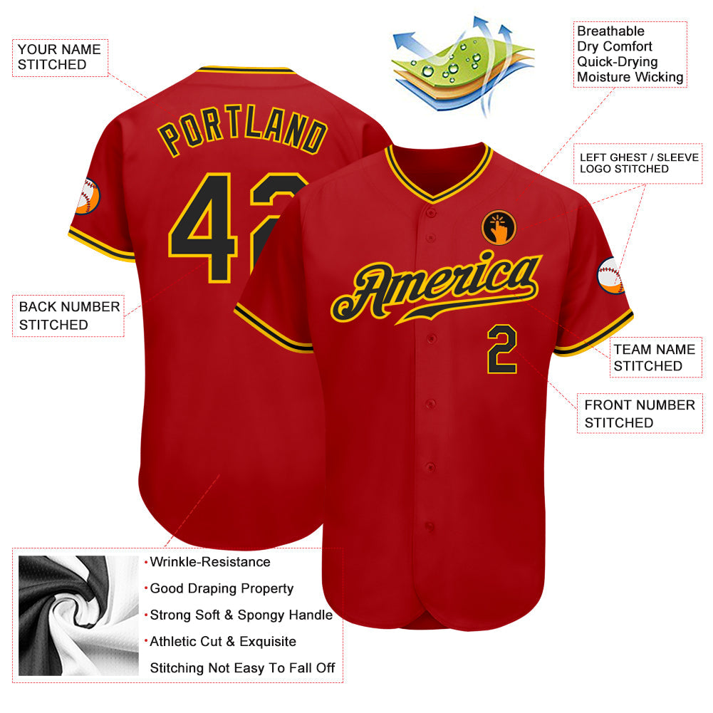 Custom Red Black-Gold Authentic Baseball Jersey view 3