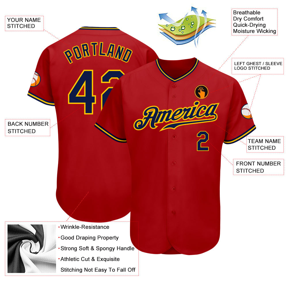 Custom Red Navy-Gold Authentic Baseball Jersey view 3